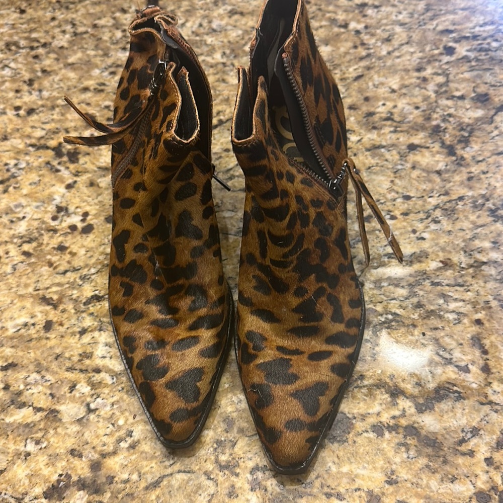 X.  Sam Edelman boots, 7.5. Animal print ankle boots with heel;